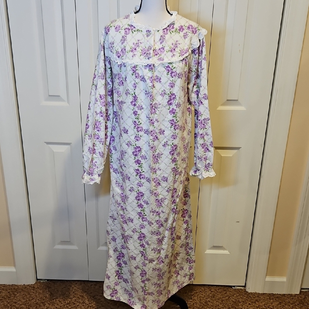 Vintage French Dressing Night Gown Long Floral L 100% Cotton Sleepwear Pj's